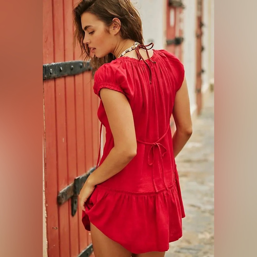 Free people Perri Linen Drop-Waist Mini Dress - Wild Rose Red Sz Small rayon - Picture 4 of 13